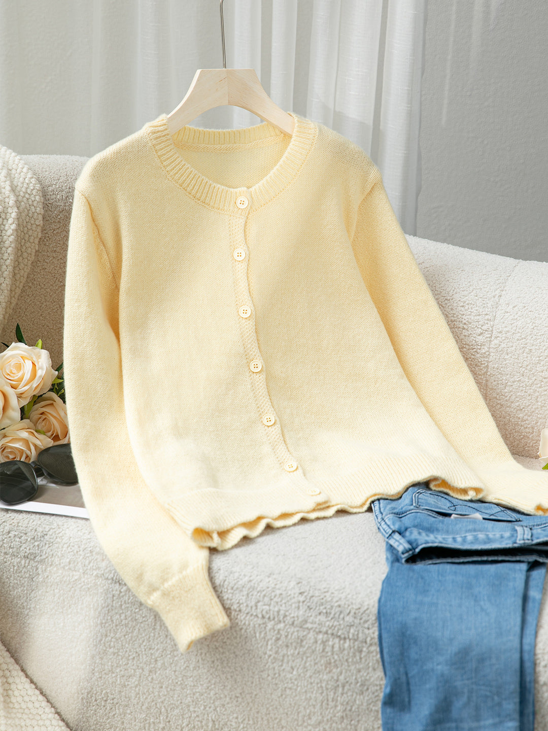 "Women's yellow knitted Sweater Cardigan Coat  "