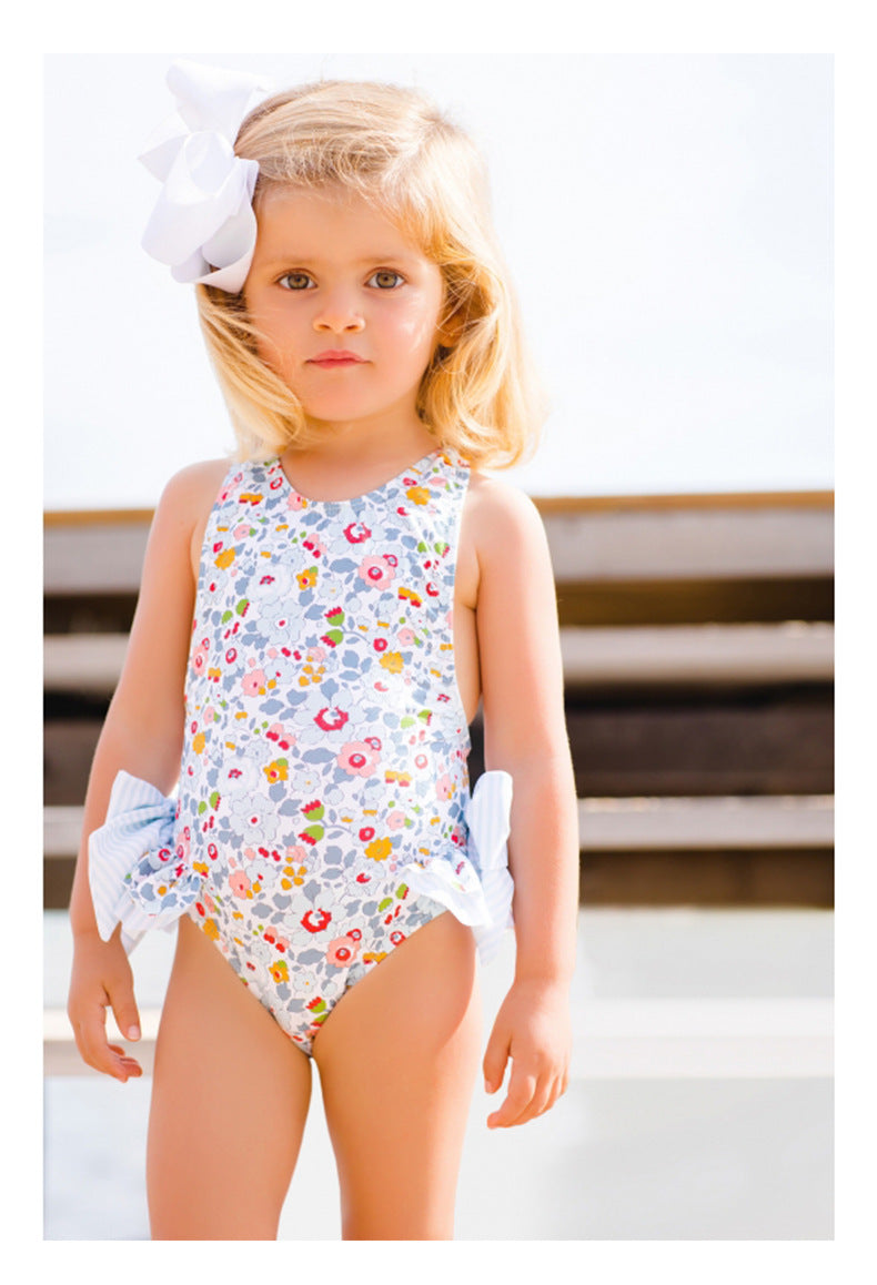 Pink flower bow swimsuit for girls