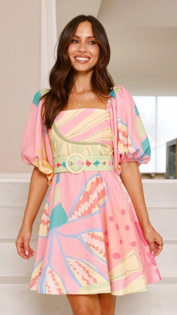 Puff Sleeve Floral Linen A-line Dress