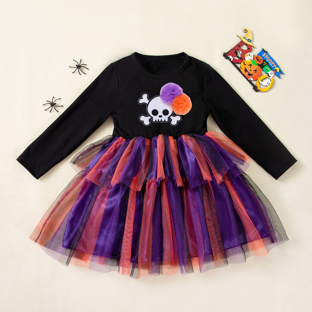 Halloween Girls Long Sleeve Mesh Splicing Dress