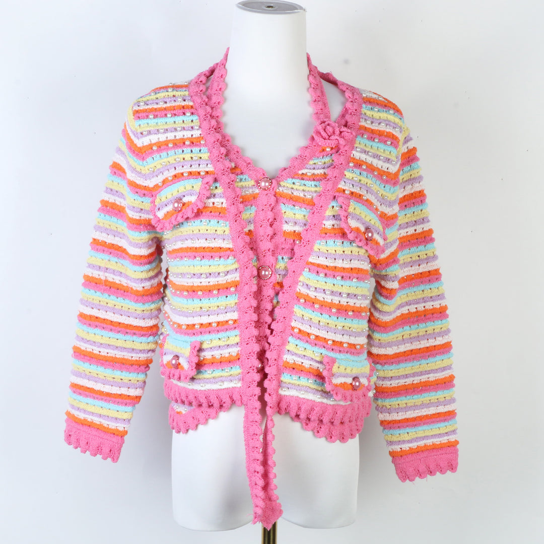Pink striped knitted cardigan sweater