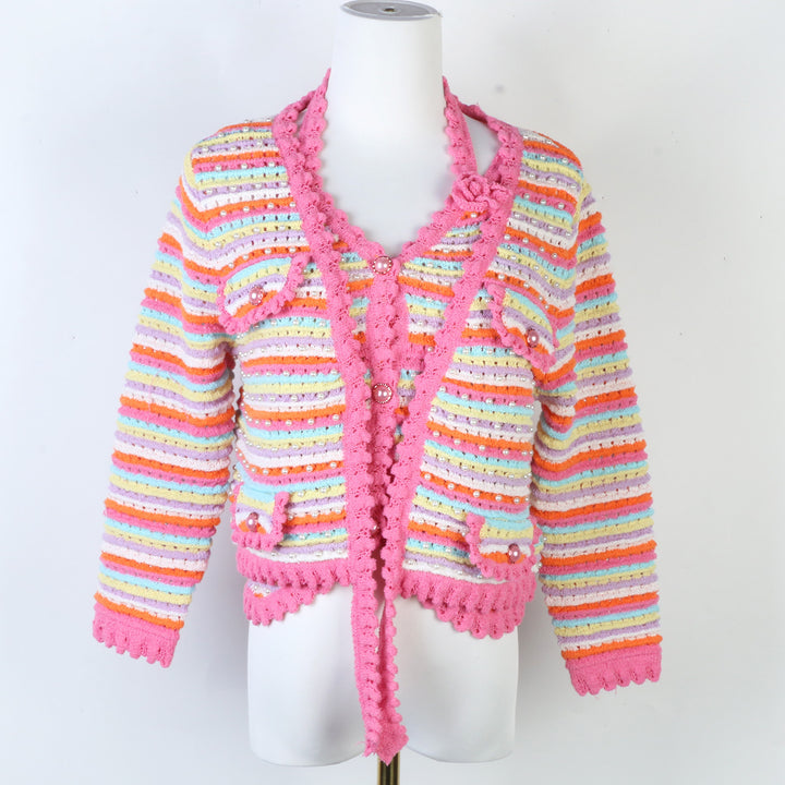 Pink striped knitted cardigan sweater