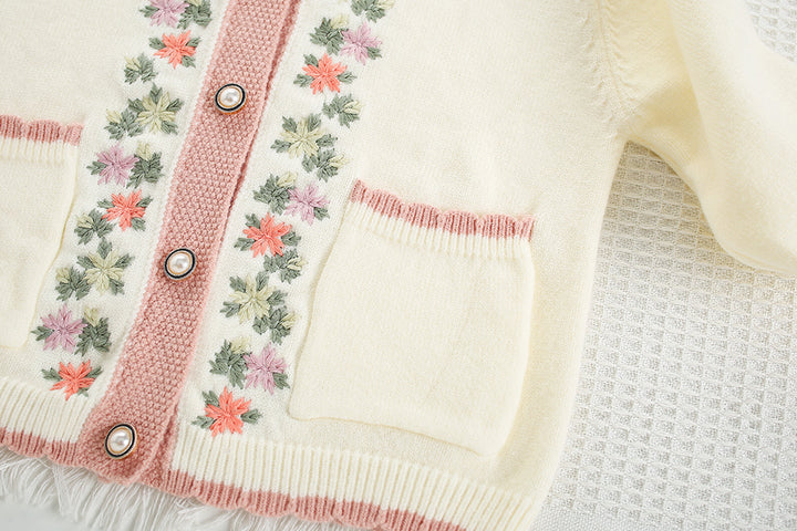 Girls Embroidered Flower Knitted Cardigan&Pants 2pcs Set