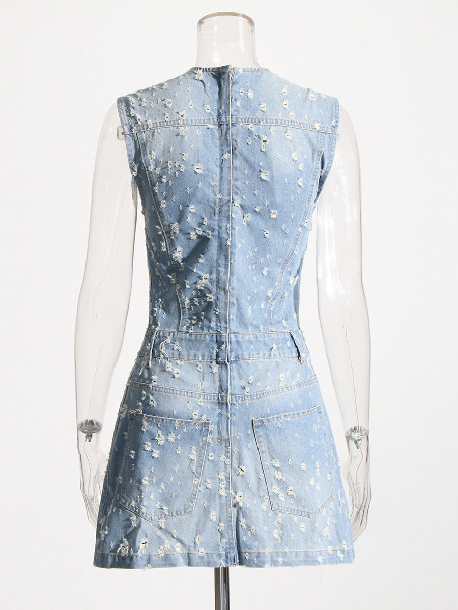 Women's distressed ripped denim mini dress