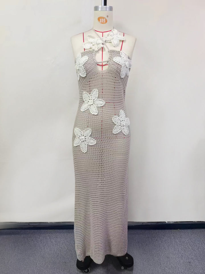 Halter Neck Floral Knit Beach Dress swimsuit cover up