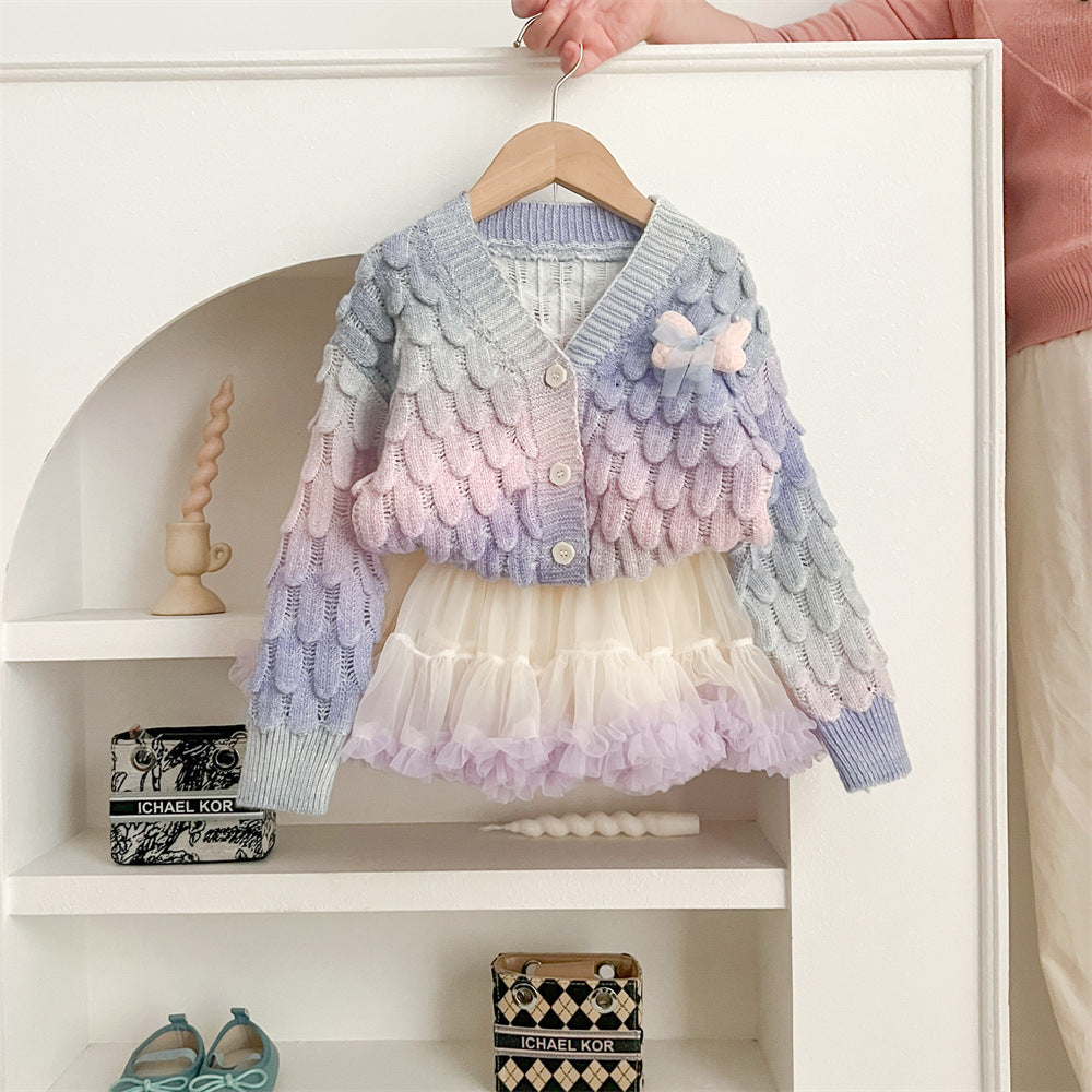 Gradient colorful knitted cardigan&tutu skirt 2pcs set
