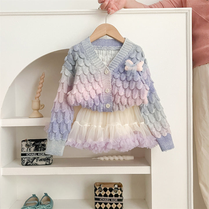 Gradient colorful knitted cardigan&tutu skirt 2pcs set