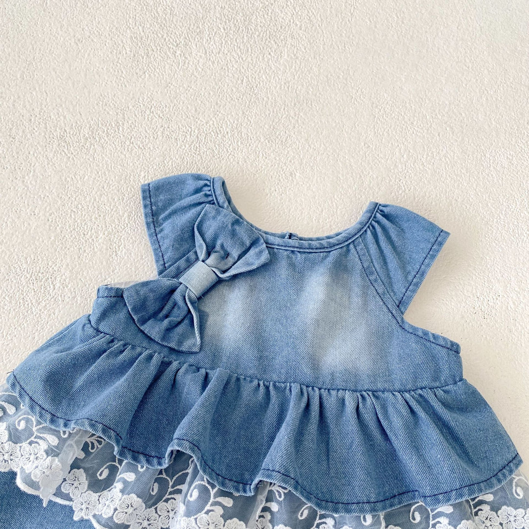 Baby denim lace splicing top&bubble short 2pcs set