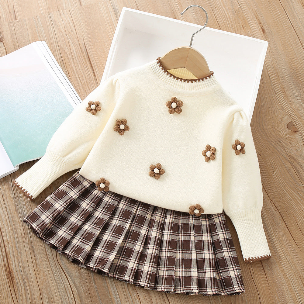 Girls flower knitted sweater&pleated skirt 2pcs set