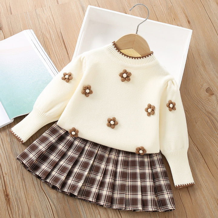 Girls flower knitted sweater&pleated skirt 2pcs set