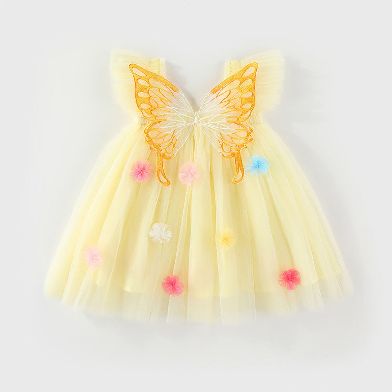 Girls'3D butterfly wings&flowers suspender mesh dress