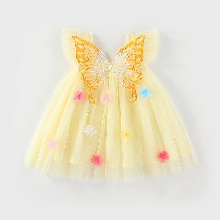 Girls'3D butterfly wings&flowers suspender mesh dress