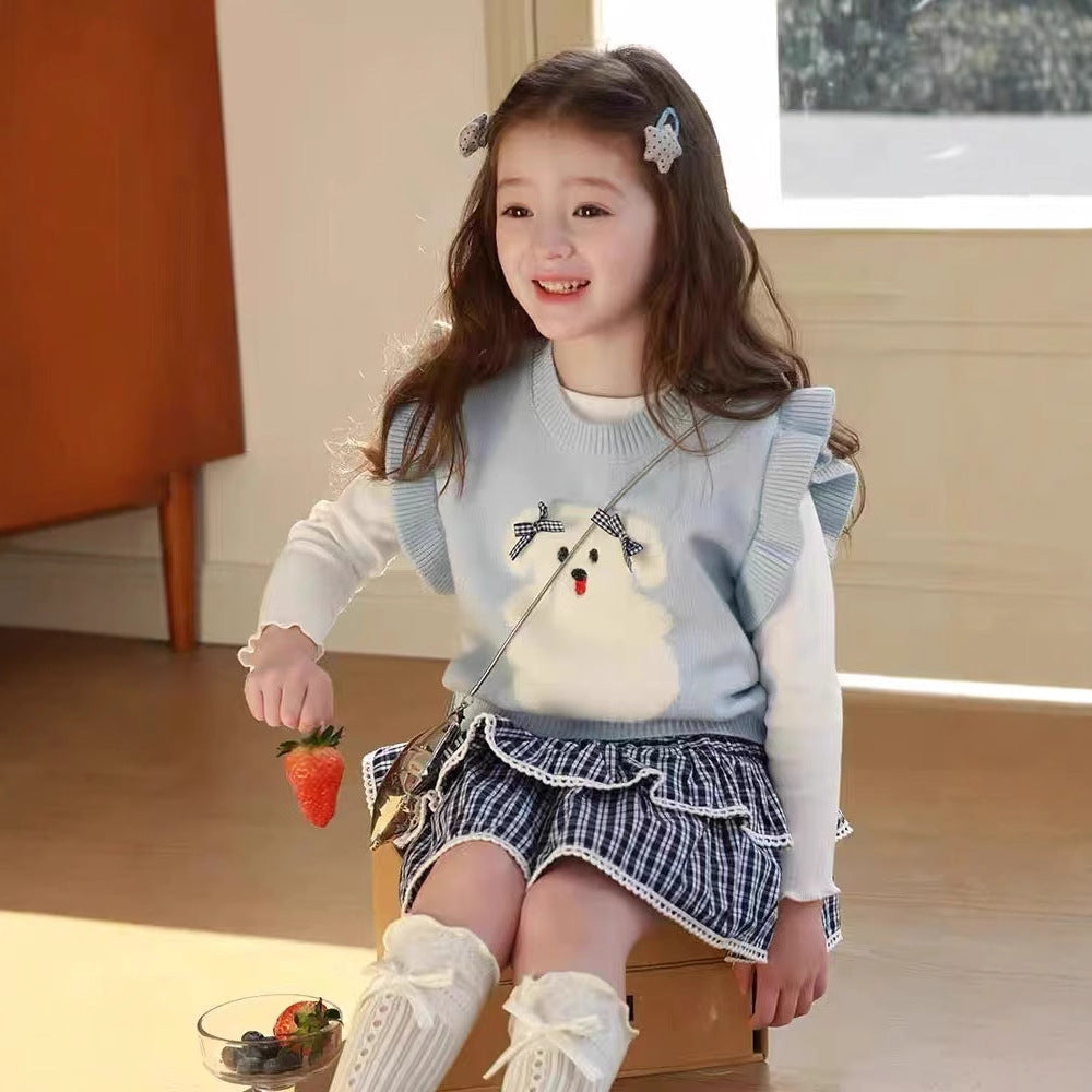 Cute Puppy Jacquard Knitted Vest Sweater skirt 3pcs set