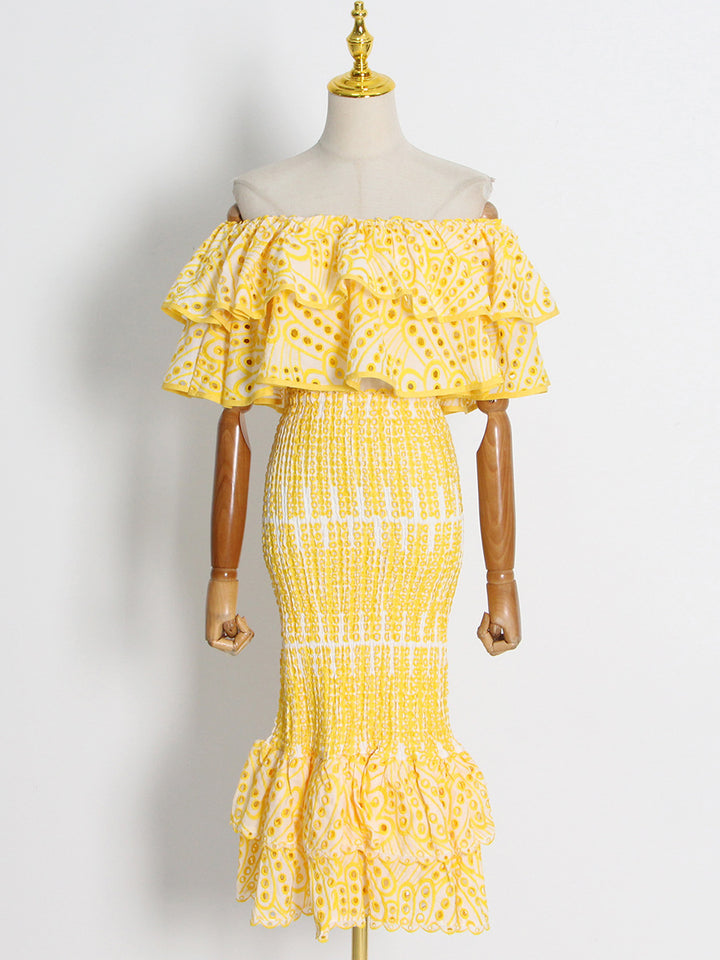 Women's ruffle one-shoulder top& Fishtail hip skirt