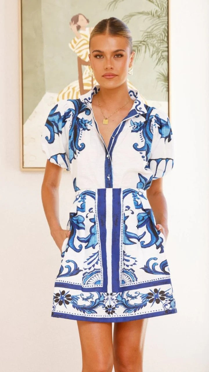 Unique floral printed Puff Sleeve shirt&Skirt set