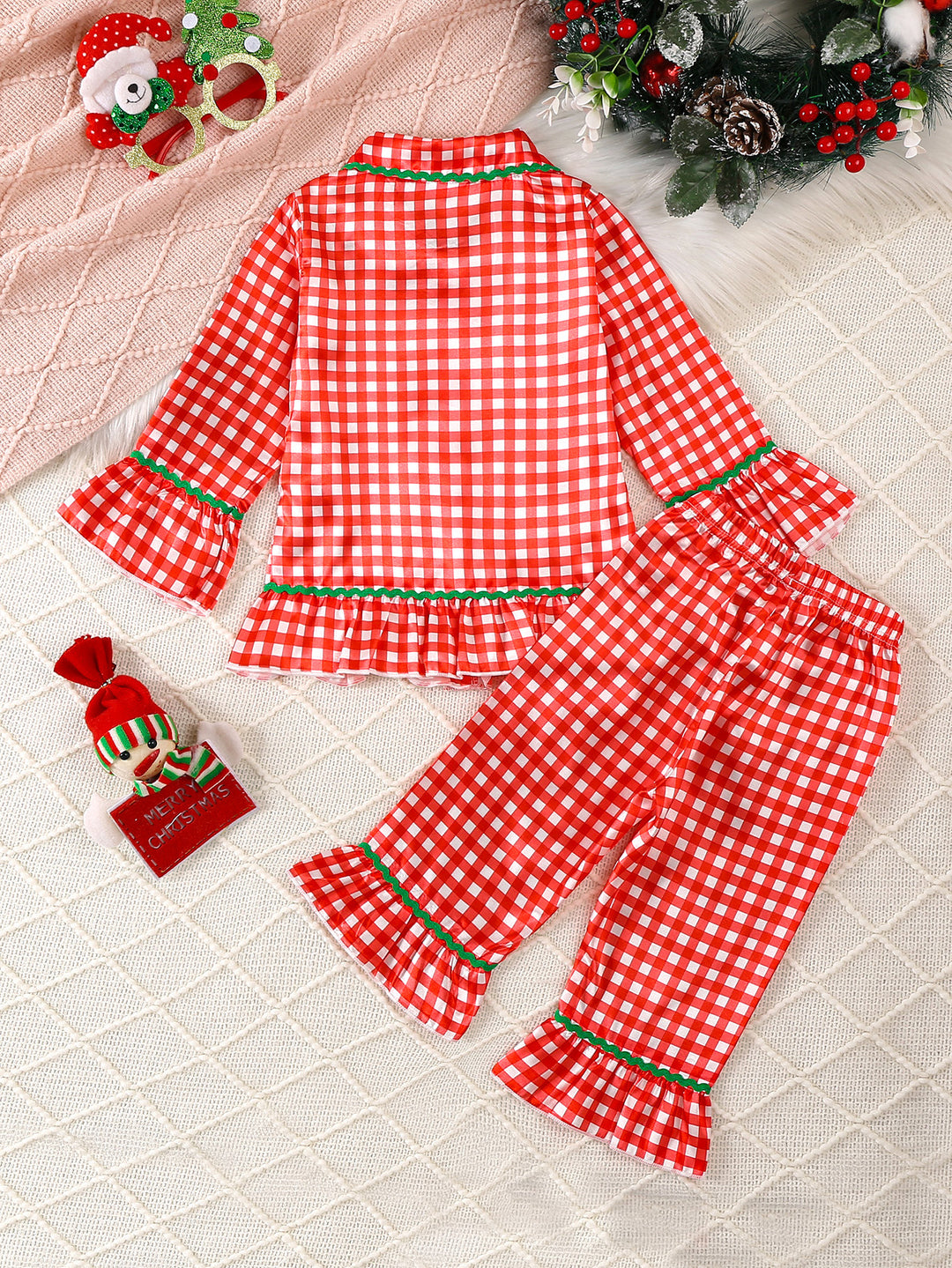 Christmas red checkerboard satin silk pajamas for girls