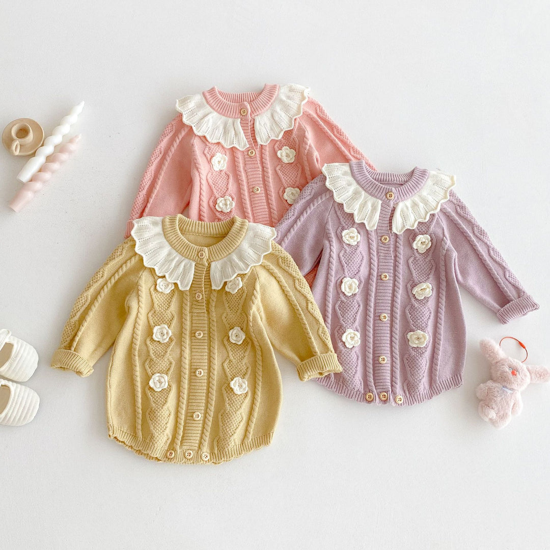 Baby girls crocheted flowers lotus leaf collar knitted romper