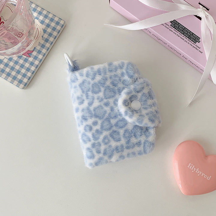 Fluffy leopard small wallet with snap closure for girls