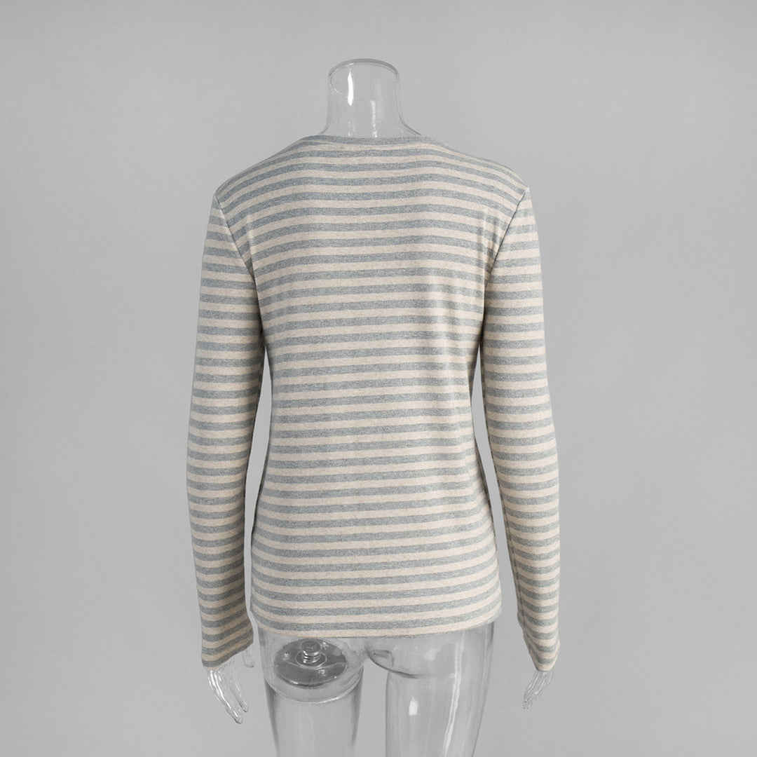 Striped slim round neck cotton bottoming shirt for women