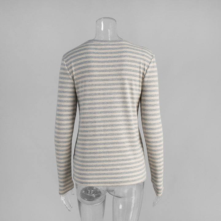 Striped slim round neck cotton bottoming shirt for women