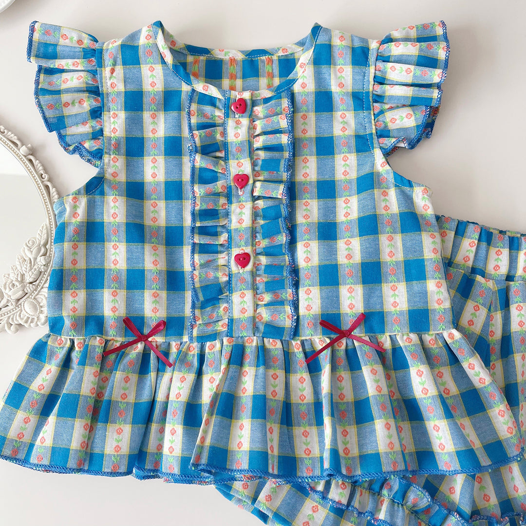 Girls blue plaid floral ruffle short set sisters outfit