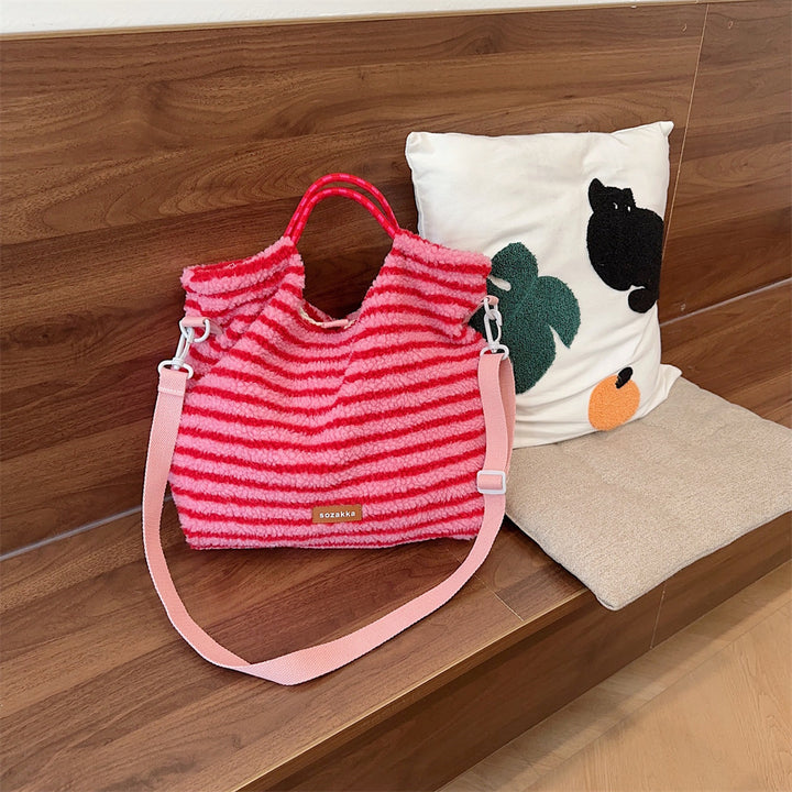 Striped plush large capacity shoulder tote bag