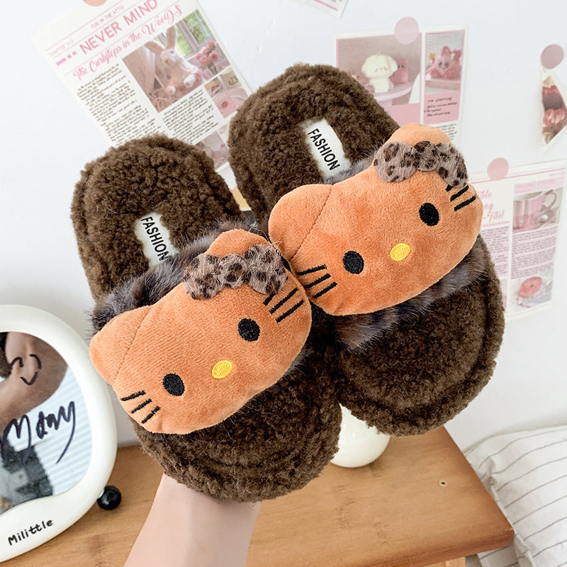 Leopard  kitty plush home slippers furry slippers for girls