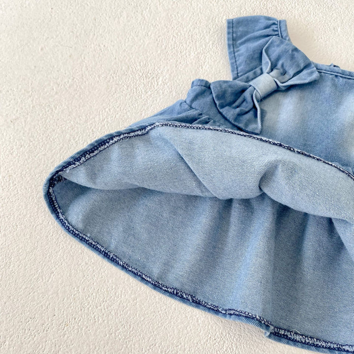 Baby denim lace splicing top&bubble short 2pcs set