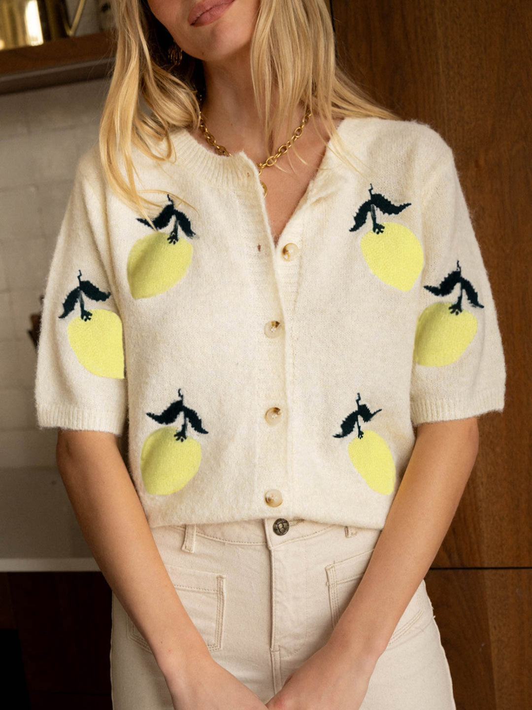 Women's Three-quarter Sleeve Lemon jacquard Button Sweater