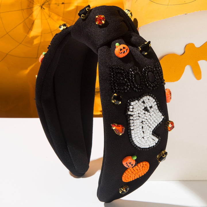 Diamond rice bead BOO ghost pumpkin headband for Halloween