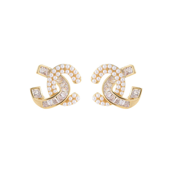 Vintage CC letter Crystal Pearl Earring