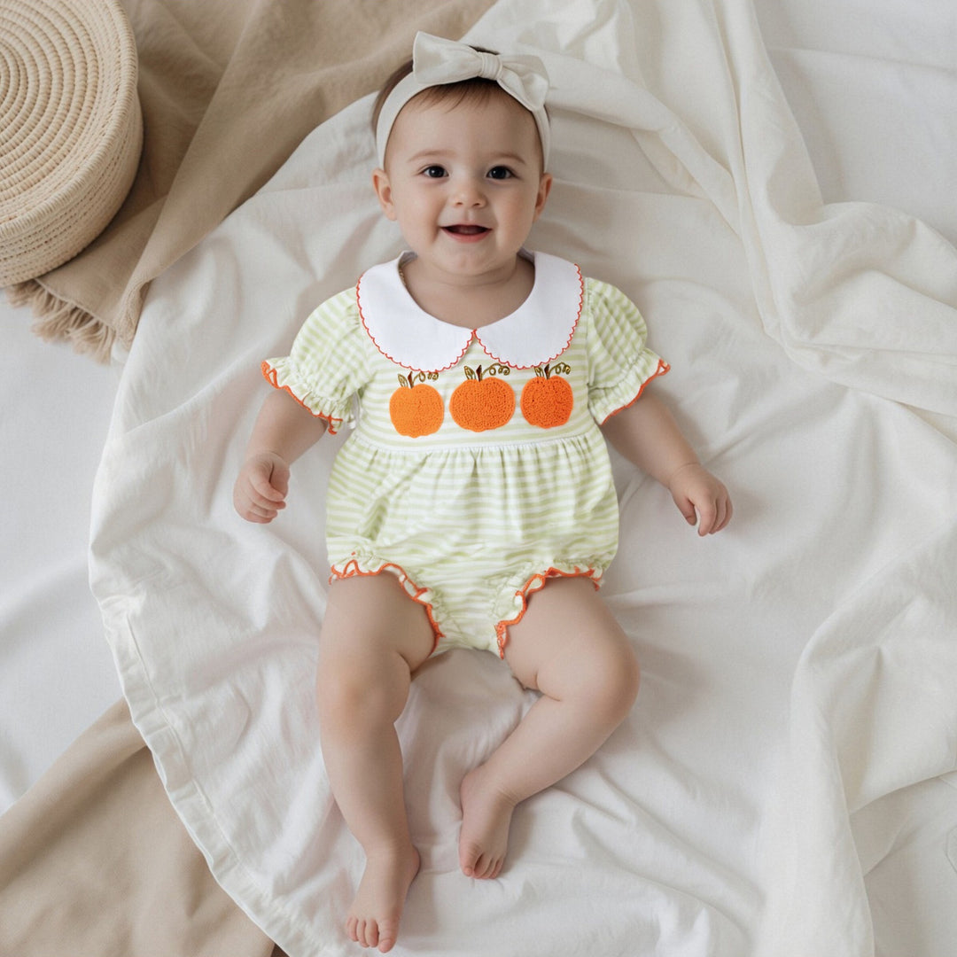 Halloween Pumpkin Embroidery Striped Puff Sleeve Romper