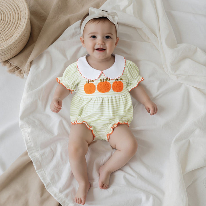 Halloween Pumpkin Embroidery Striped Puff Sleeve Romper
