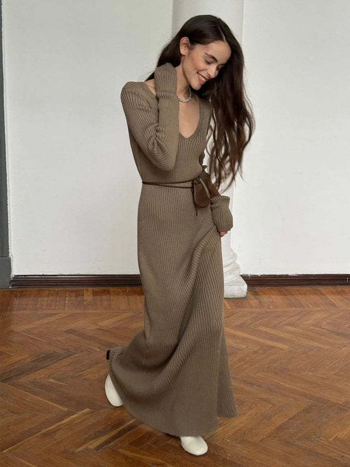 V-neck slim knitted maxi dress sweater dress