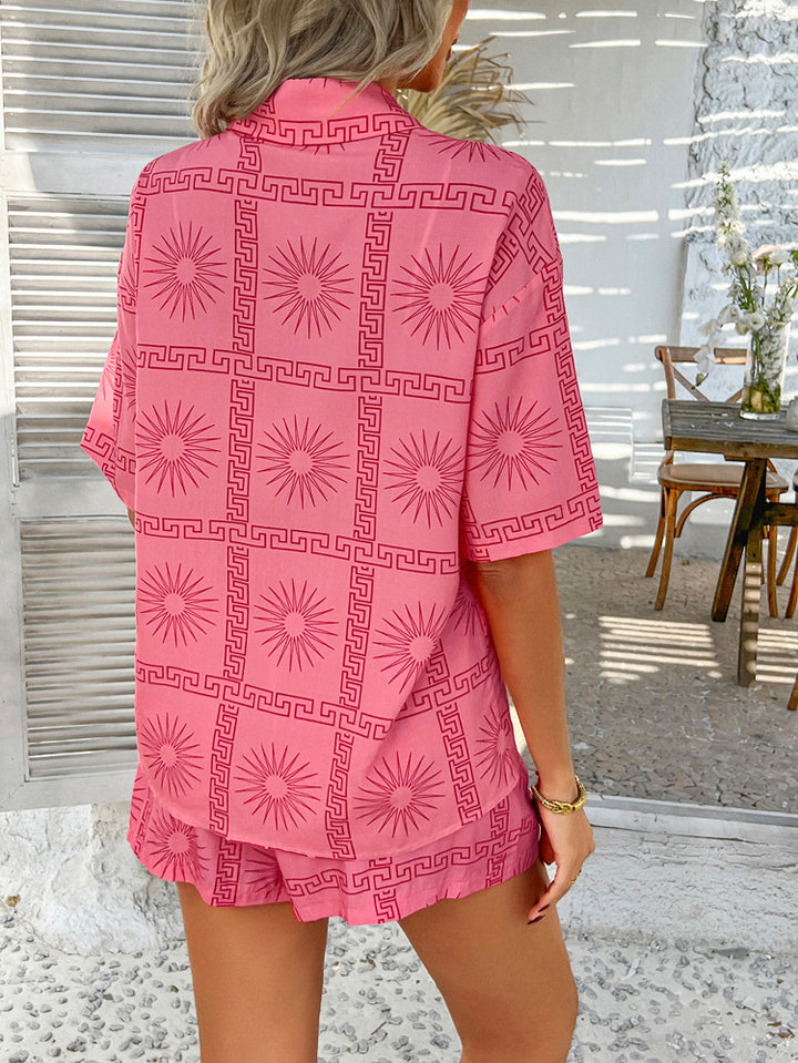 Boho Printed Button Top&short Set for summer vacation