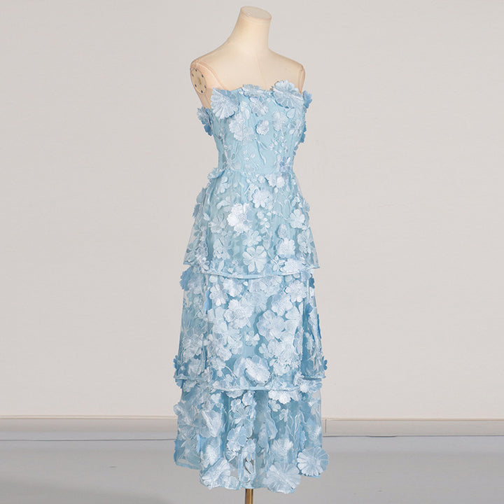 Tube top 3D stitching flower ruffle layered dress