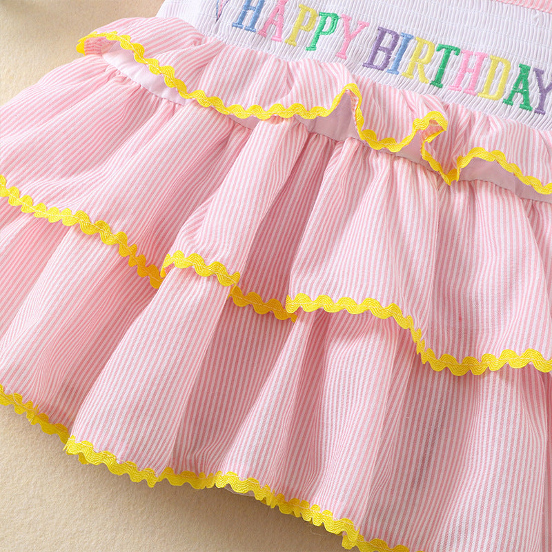 Bow tie Birthday embroidery cake dress with puff sleeves