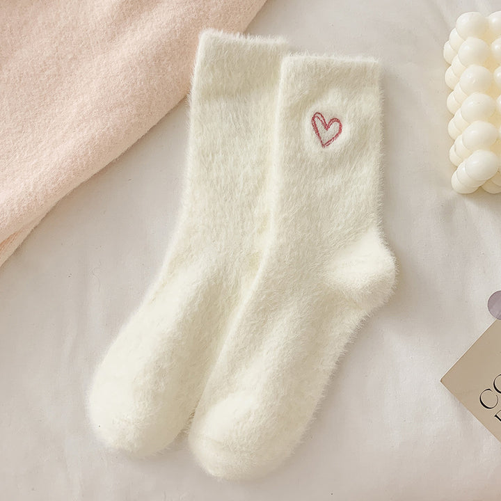 Women's fleece warm mid-calf socks with heart embroidery