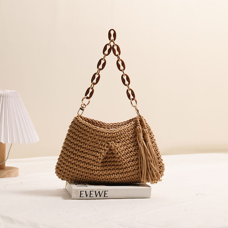 Underarm cotton woven bag tassel shoulder beach bag