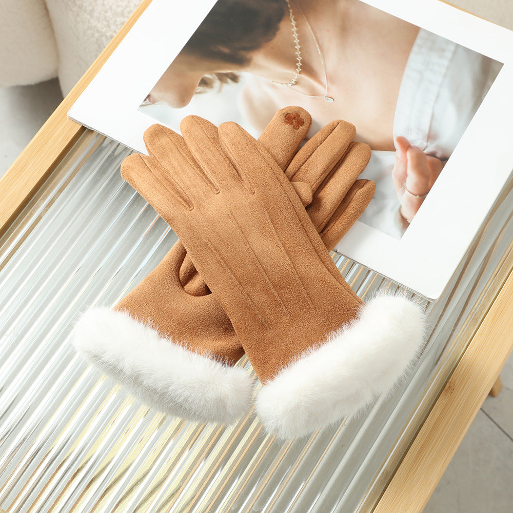 Women's winter gloves fleece-lined plush edge gloves