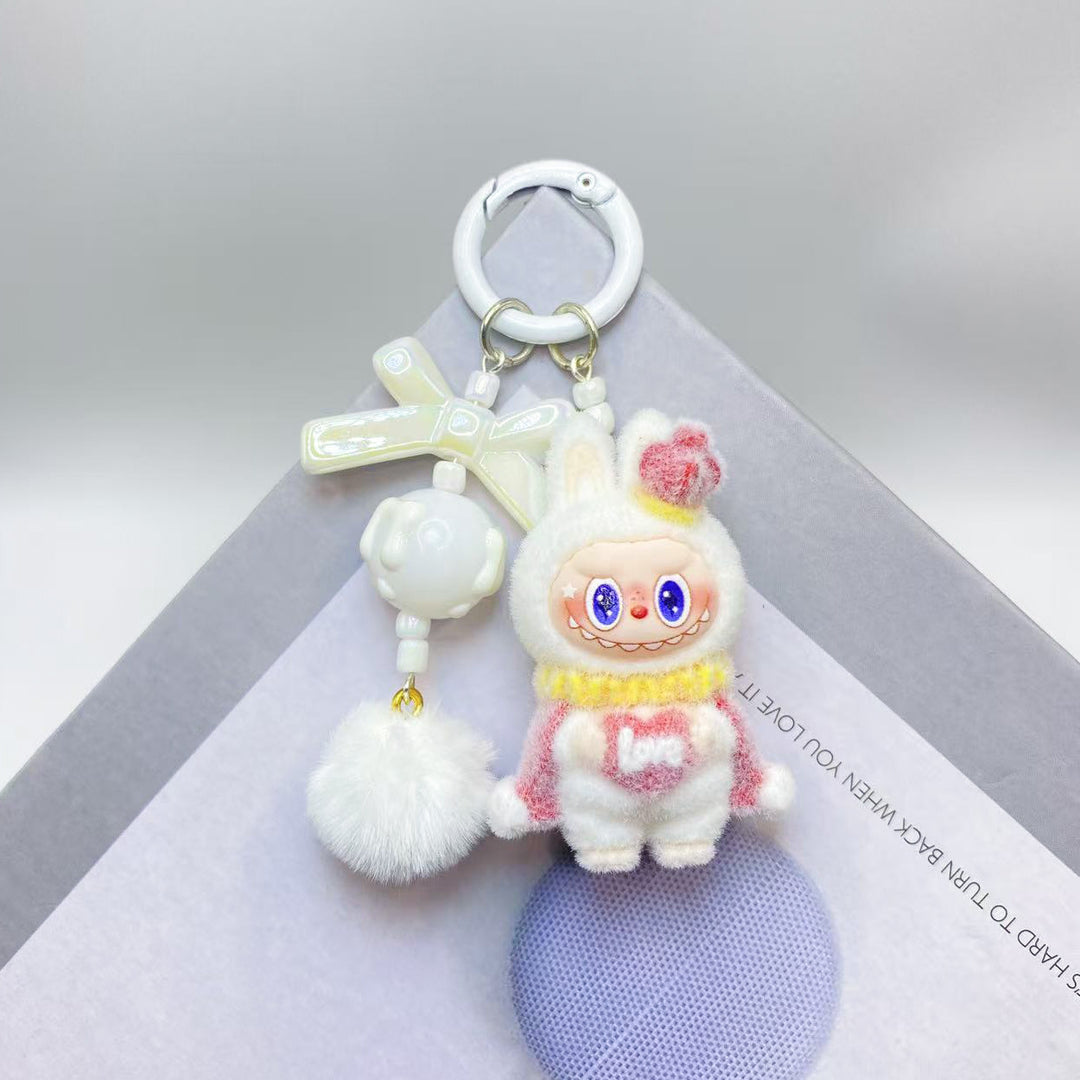 Cute monster love heart flocking keychain Valentine's gift