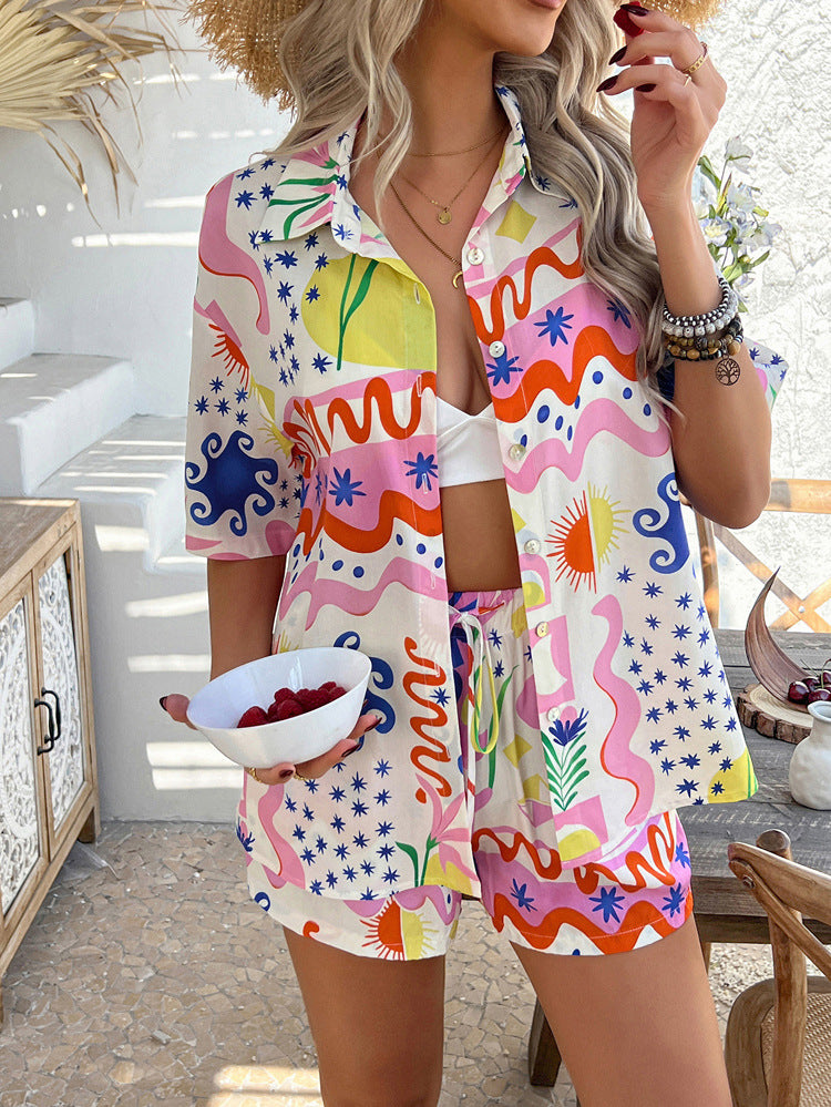 Boho Printed Button Top&short Set for summer vacation