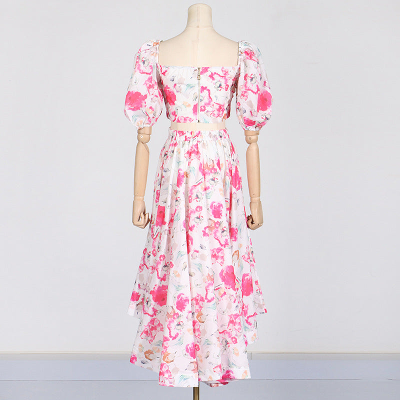 Puff Sleeve crop Top High Waist Swing Skirt Set