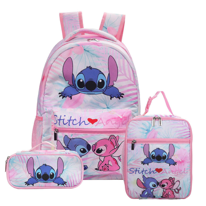 Stitch printed school backpack with lunch bag pencil bag