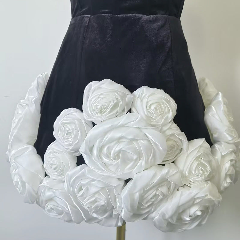 3D white rose flower hem tube top dress