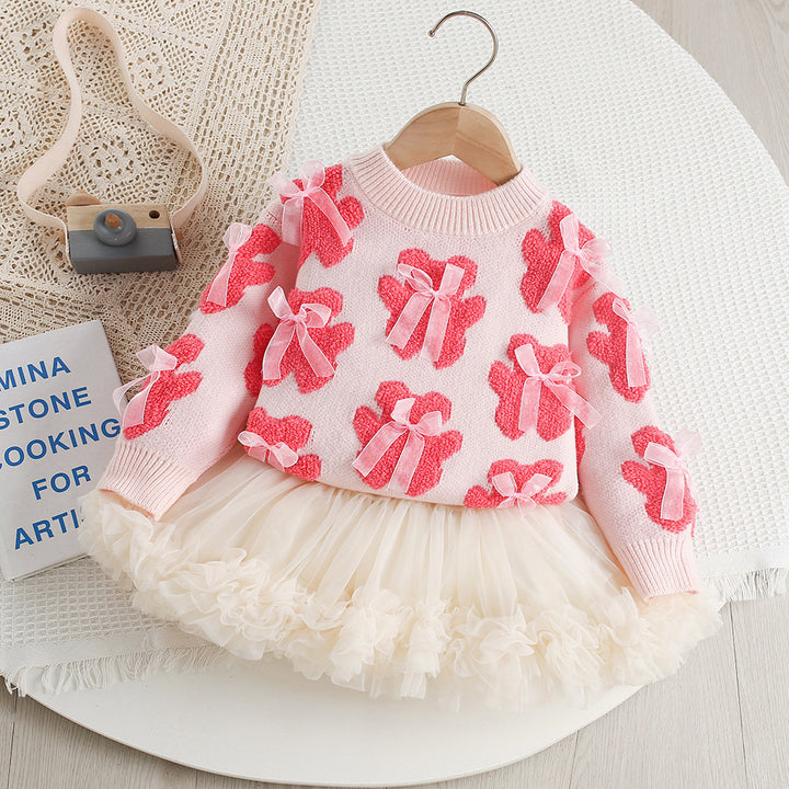 Valentine's sweet bear Jacquard sweater&tutu skirt 2pcs set