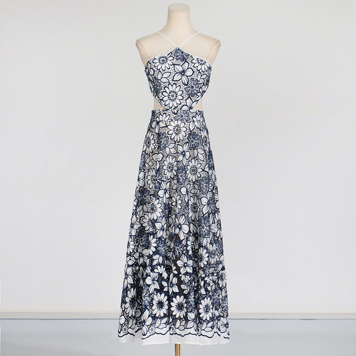 Women's halter neck lace hollow suspender dress