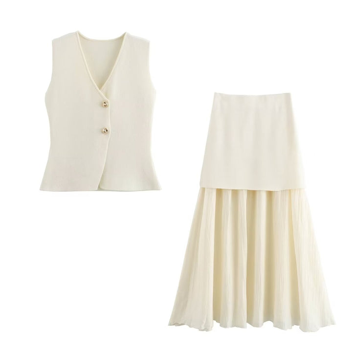 V-neck gold button knitted vest&pleated skirt