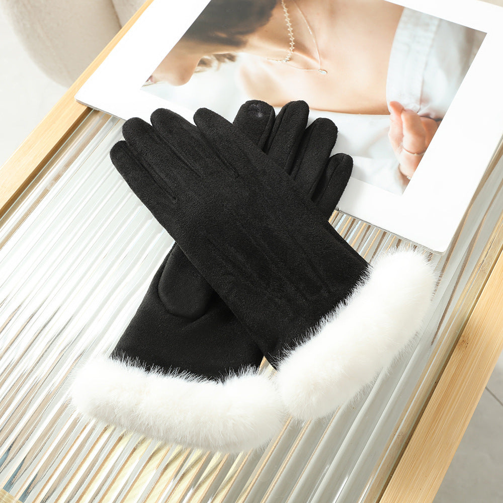 Women's winter gloves fleece-lined plush edge gloves