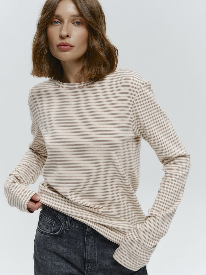 Striped slim round neck cotton bottoming shirt for women